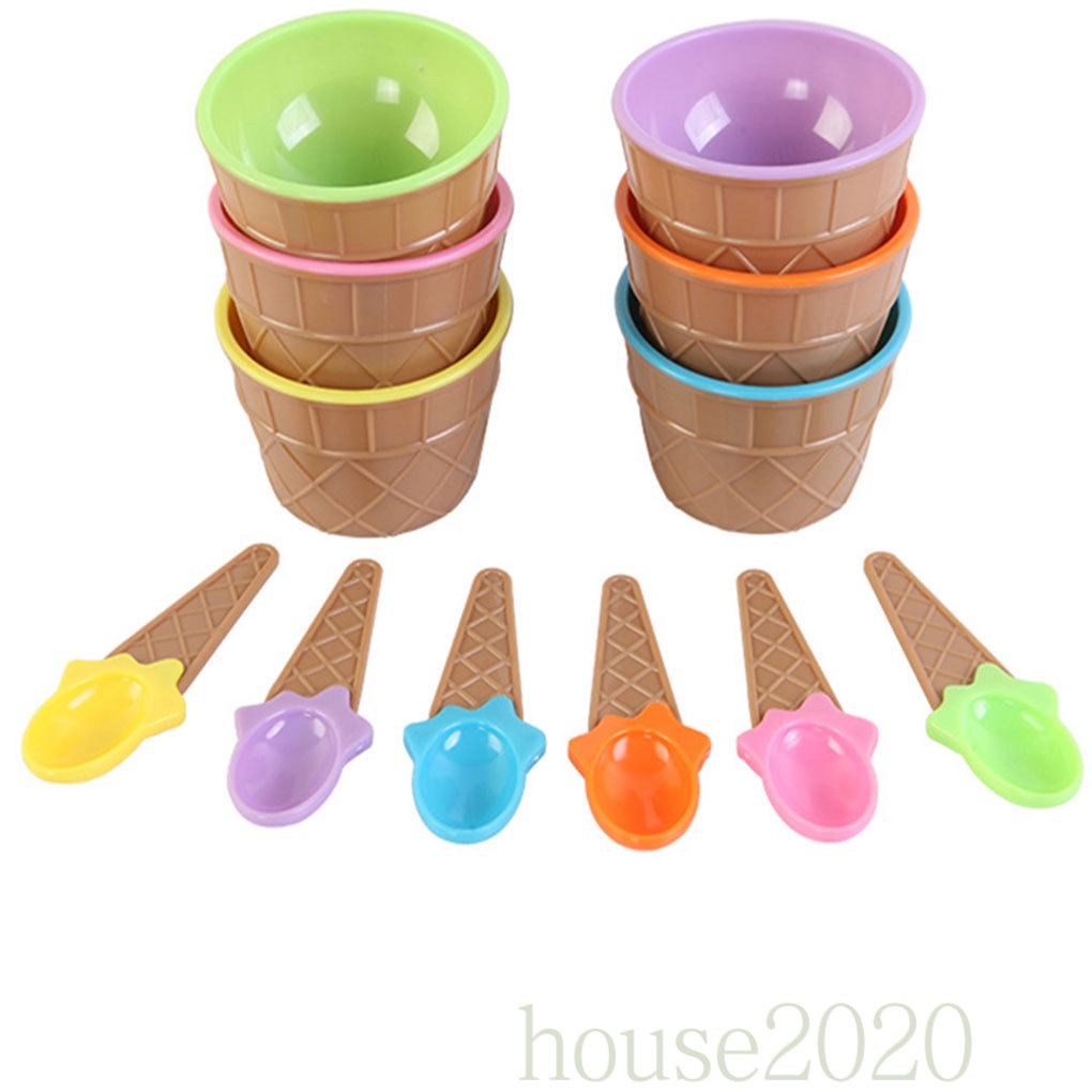 [house2020]Plastic Ice Cream Frozen Yogurt Cup with Spoon Dessert Bowl Ice Cream Bowl Spoon Set Random Color