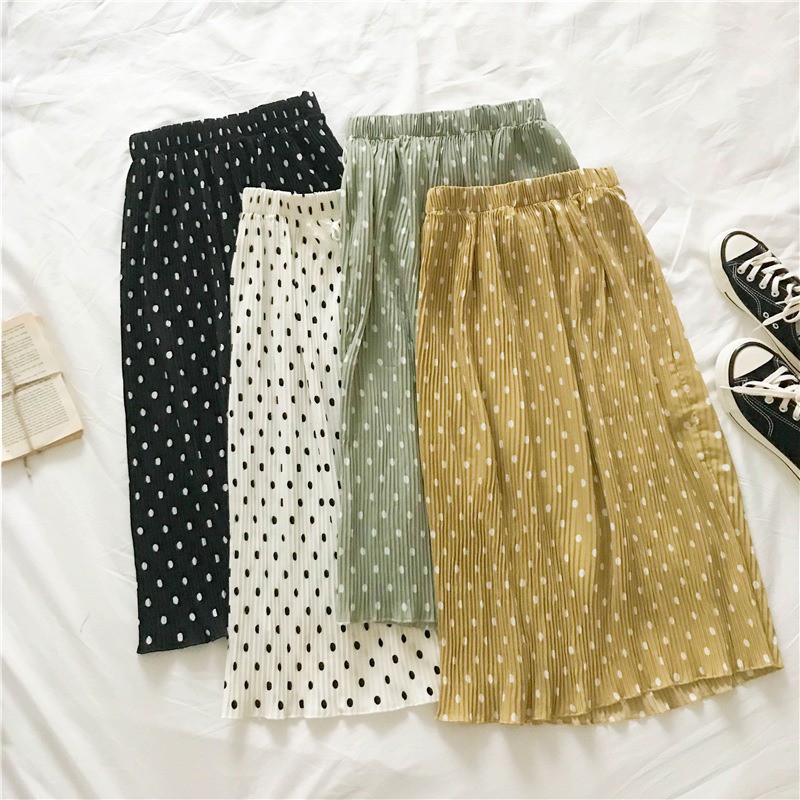 【Bayar Di Tempat】Rok Plisket Summer Elastic Waist Polka Dot Print Lace Up Long Pleated Midi Skirt