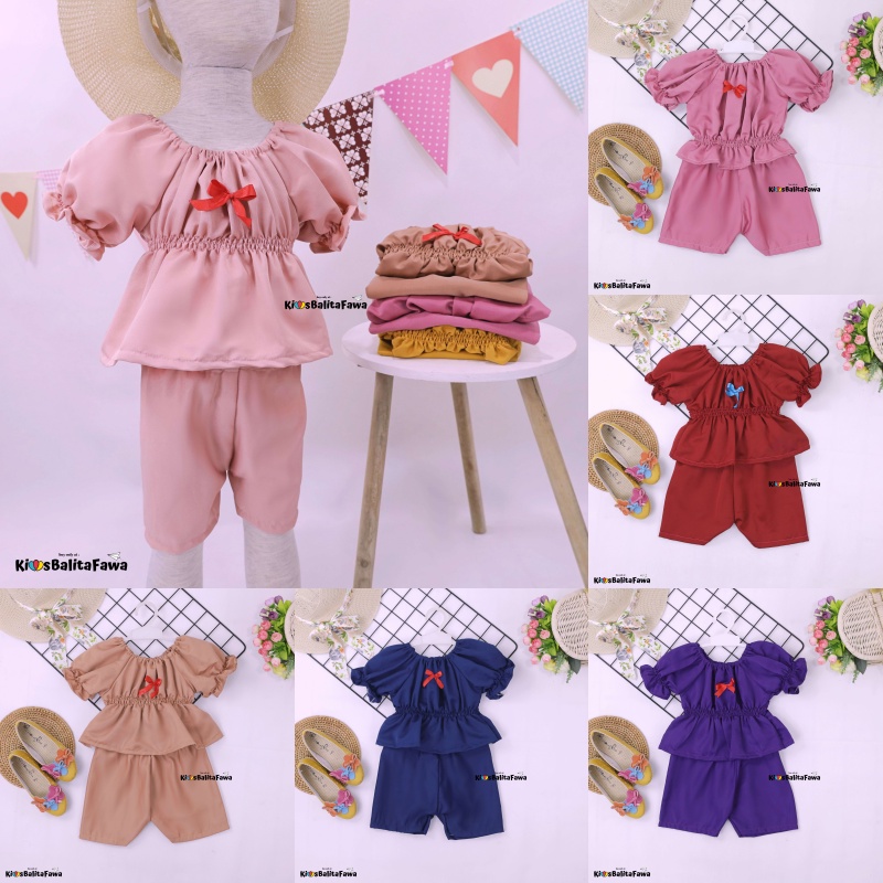 Neisya Set uk Bayi - 2 Tahun / Setelan Polos Anak Perempuan Lengan Pendek Balon Celana Atasan Import Babycinnamon