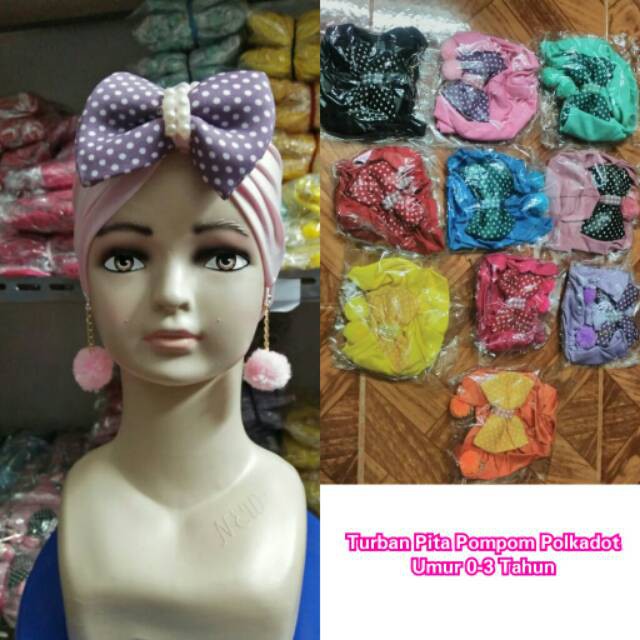 Turban Bayi Pom Pom Polkadot usia 0-3 Tahun perempuan muslimah turban lucu