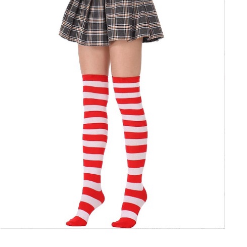 Kaos Kaki Wanita Over Knee Socks Kaos Kaki Sepaha Motif Belang-Belang Kaos Kaki Panjang-Red and White