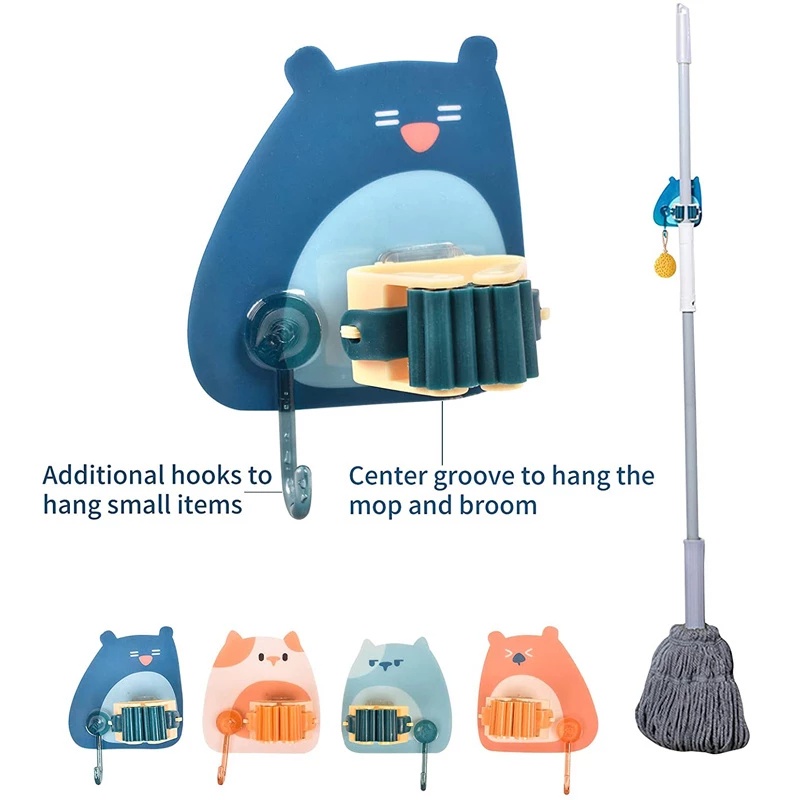 Cute Cartoon Wall Mounted Mop Holder/ Strong Self Adhesive Broom Umbrella Organizer/ Home Bathroom Storage Rack with Hook