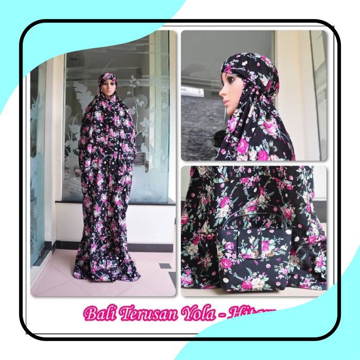 TERLARIS RAMADHAN / MUKENA BALI RAYON DEWASA TERUSAN BUNGA YOLA HITAM / Traveling / JUMBO