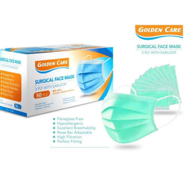 MASKER MEDIS 3 PLY EARLOOP MERK GOLDEN CARE 1 BOX ISI 50