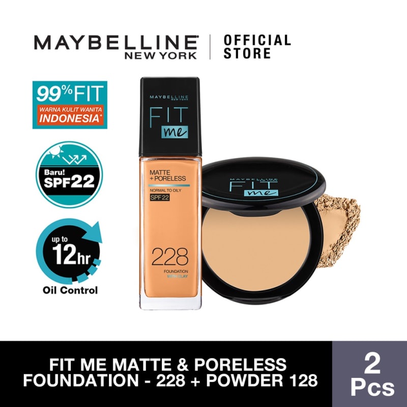 Maybelline Fit Me Matte Poreless Liquid Foundation 228 + Fit Me Oil Control Powder 128-Bedak Make Up