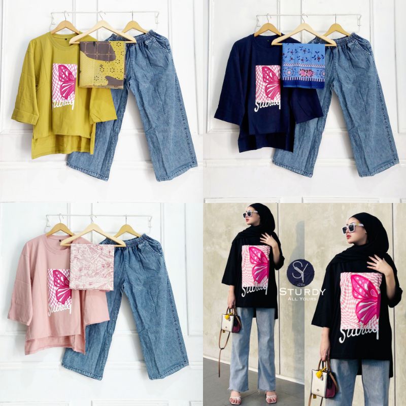 Set Kaos Combed Kulot Jeans Panjang//Set Kulot Jeans Oversize//Set Wanita