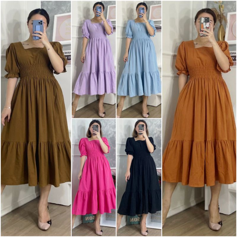 ⚡️ SALE ⚡️ PREMIUM ♡ ORIGINAL ! CLARINETTE SQUARE NECK SMOCKED WAIST RUBBER RUFFLE MIDI DRESS