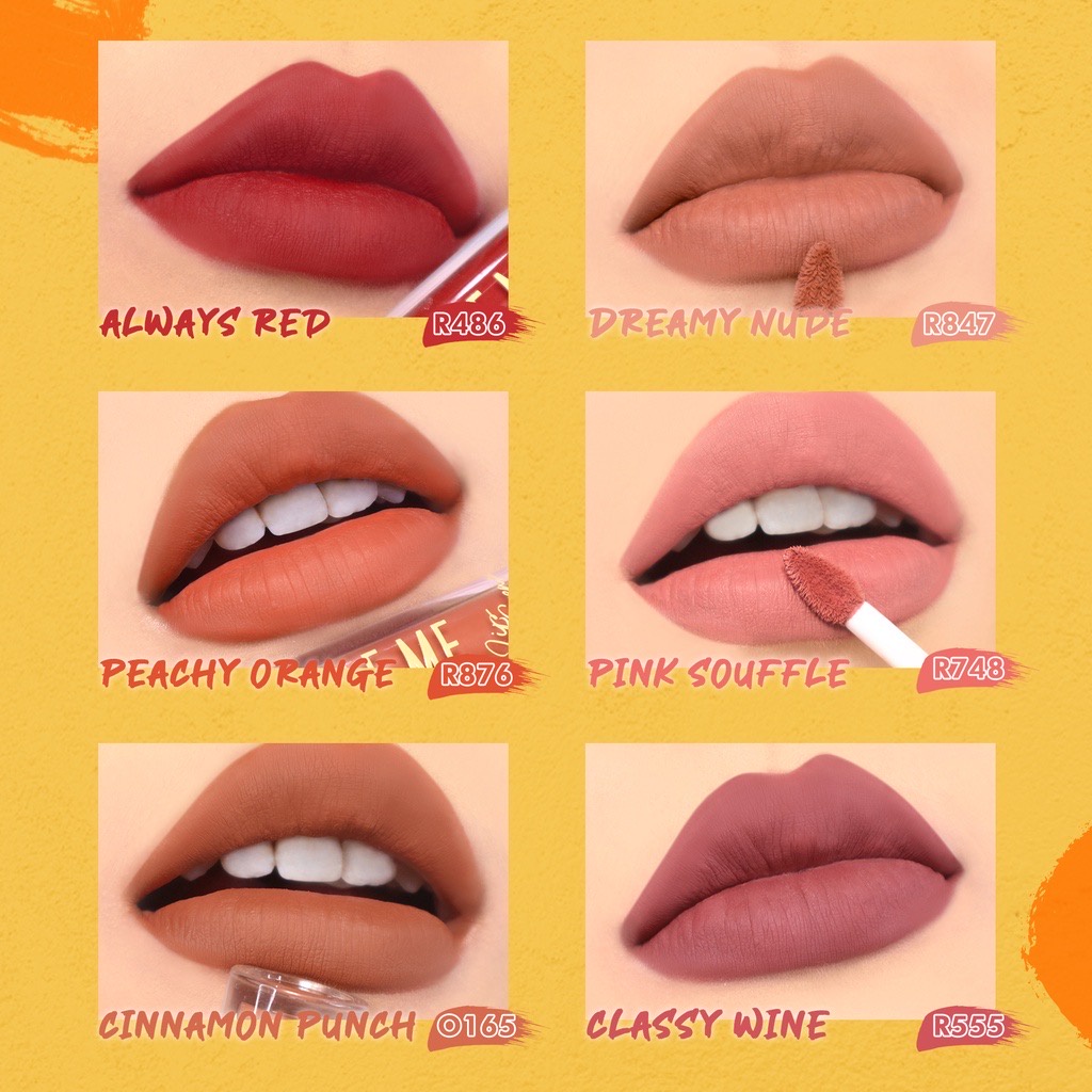 DAZZLE ME Velvet Matte Lip Cream Indonesia / 12 Hours Long Lasting Lightweight Non Sticky Moisturizing 2.5g / Dreamy Nude Pink Souffle Peachy Orange Always Red Classy Wine Cinnamon Punch / Cosmetic Makeup Make Up Kosmetik Bibir / Lipstick Lipstik Lipcream