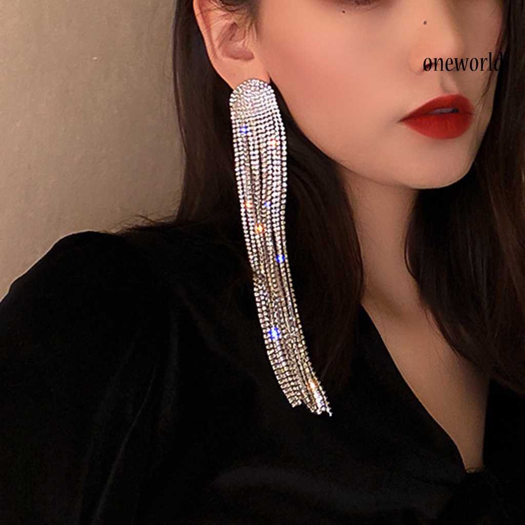 OW# Long Full Rhinestone Tassel Earrings Alloy Shiny Women Dangle Earrings Jewelry Accessories