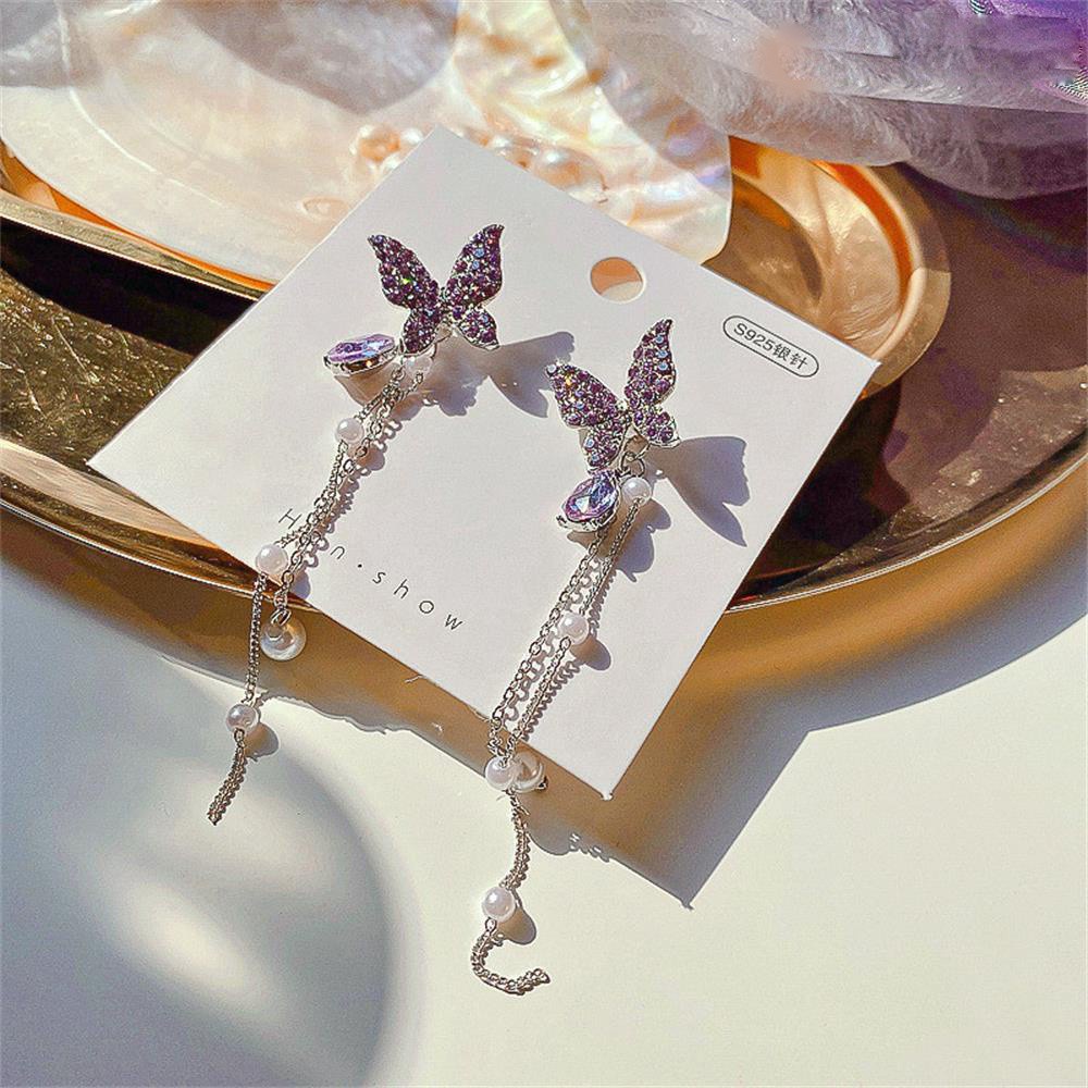 Anting Rantai Panjang Menjuntai Desain Nanas Butterfly Aksen Mutiara Shiny Warna Ungu Silver Untuk Wanita