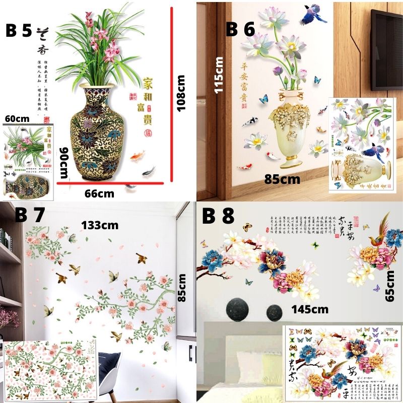 WALL STICKER STIKER SETIKER SETICKER WALLSTICKER WALLSTIKER DINDING TEMPELAN POT BUNGA SAKURA PINK PEONY RUMPUT TERATAI MERAK DEKORASI TEMBOK DECOR DEKOR RUMAH RUANG TAMU MAKAN KELUARGA WALSTICKER WALSTIKER CHINESE NEW YEAR WALLPAPER WALPAPER IMLEK