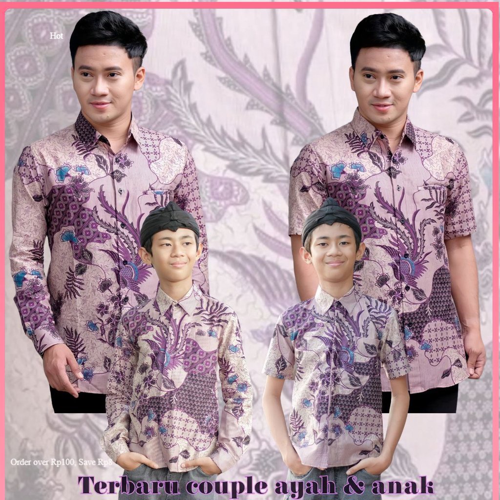 TERBARU Couple sweet || couple batik ayah dan anak cowok BATIK MOTIF SEKARJAGAT UNGU modern/batik pria/kemeja batik pria lengan panjang/Batik Pria kekinian