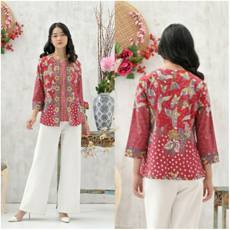 Atasan Blouse Batik Wanita Lengan 7/8 Edisi Imlek Warna Merah, 242 AUS / ACI#-6