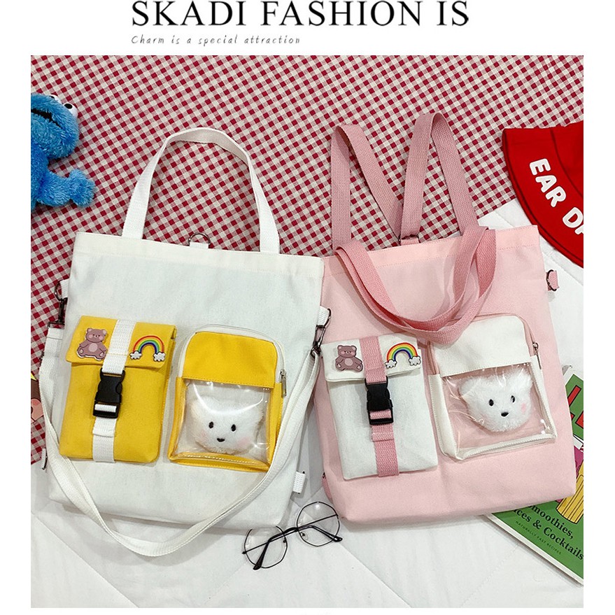 TC-62 tas canvas ransel selempang wanita 2 in 1 import korea jepang bear beruang