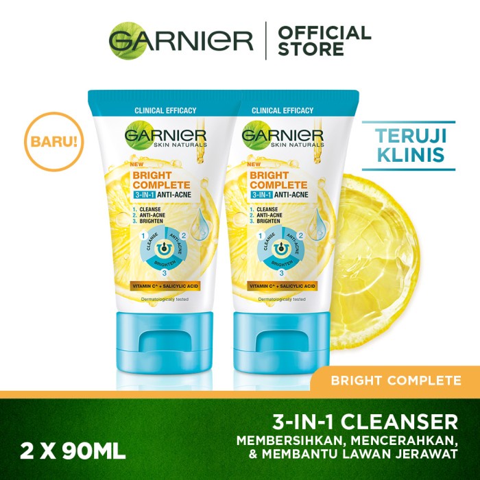 Garnier Bright Complete 3 in 1 Anti Acne Facial Wash | Clear Up Anti Acne Serum Mask | Masker Wajah (✔BPOM)