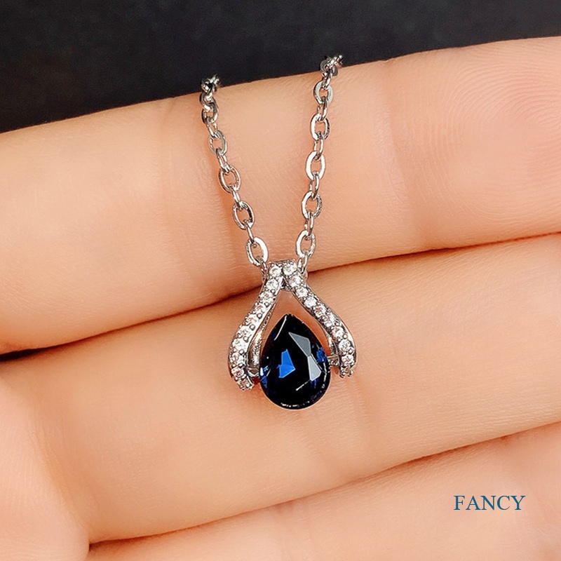 Kalung Leher Lapis Silver Hias Cubic Zirconia Biru Gaya Modern Untuk Wanita