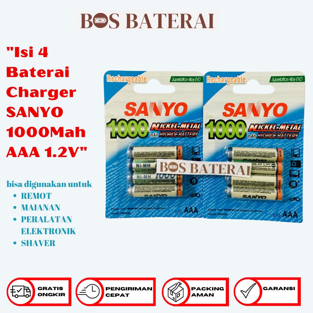Isi 4 Baterai Charger SANYO 1000Mah AAA 1.2V - Batre Cas A3 Sanyo 1000