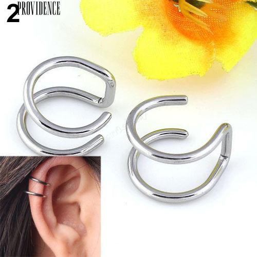 Stainless Steel 2-Row Palsu Cartilage Telinga Hidung Bibir Cuff Clip On Earrings Hadiah