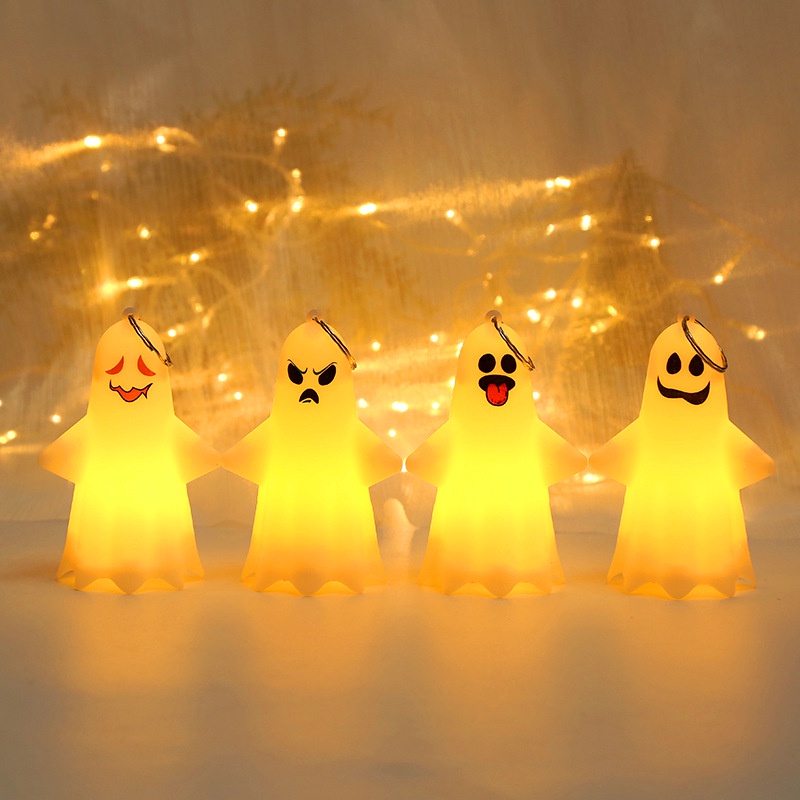 Lampu Malam LED Bentuk Kepala Hantu Ekspresi Lucu Dengan Gantungan Kunci Untuk Dekorasi Pesta Halloween