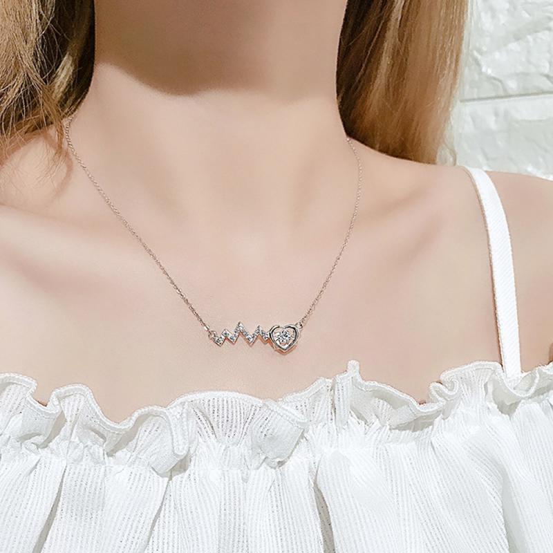 XiaoboACC Kalung Rantai Titanium Steel Liontin Hati ECG Hias Zircon Ukuran Untuk Wanita - 38CM+6CM