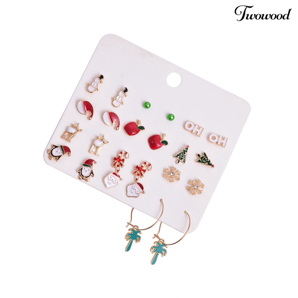 12 Pasang Anting Stud Desain Topi Santa Claus Snowflake Pohon Natal Snowman Untuk Wanita