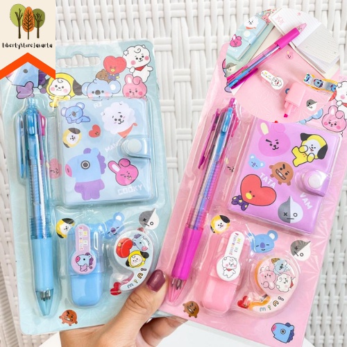

READY Set Alat Tulis Mini BT21 BTS isi 4 Buku Kecil Pulpen Highlighter Mini Solatip Paket Murah Kado Unik Souvenir VI4567