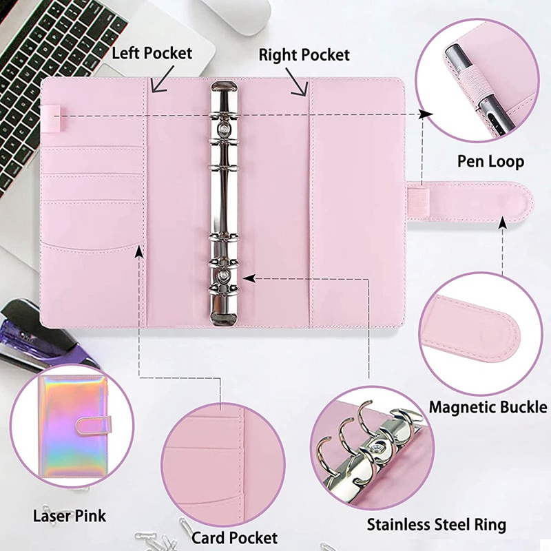 Budget Binder A6 Ring Binder Notebook with Clear Cash Envelope for Cash Stuffing Money Organiser with Label Stickers A