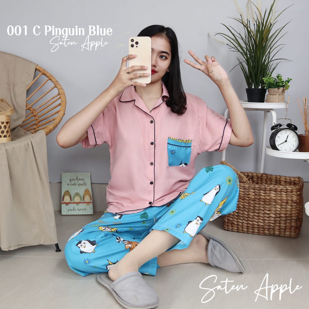 PIYAMA DEWASA CP  MOTIF   piyama wanita baju tidur-Pinguin pink blue