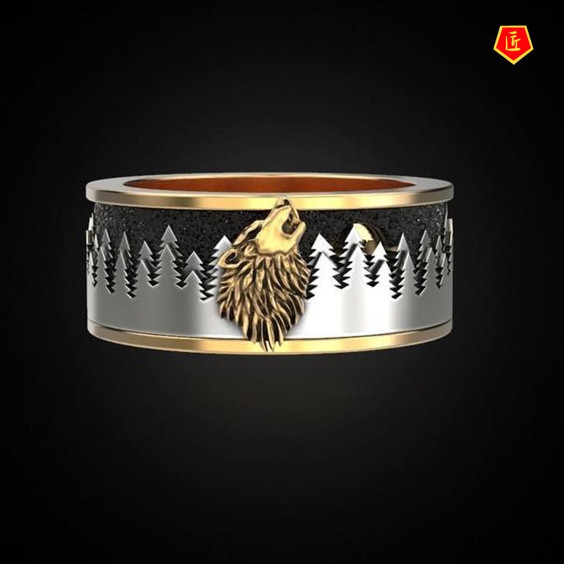 [Ready Stock]Personalized Viking Warrior Gold Two-Tone Night Forest Wolf Ring