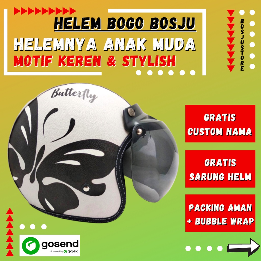 Hlem Bogo Motif Kupu Butterfly Abu Hitam | Custom Warna Nama | Helem Retro Klasik Anak Cewek Wanita 