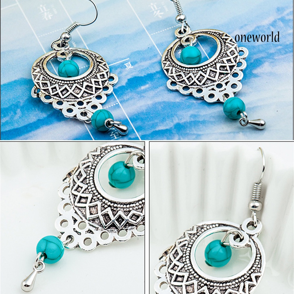 OW@ Boho Women Turquoise Bead Dangle Hollow Charm Hook Earrings Wedding Jewelry