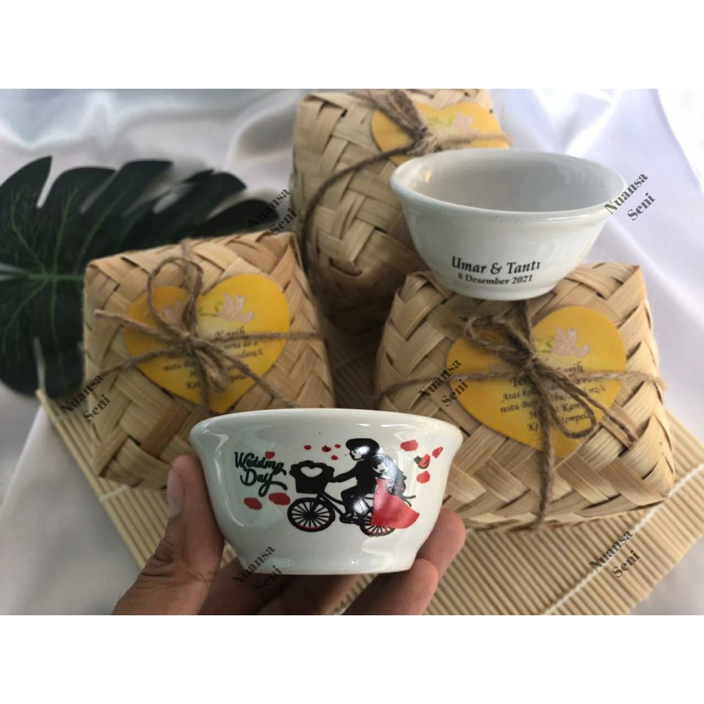 Souvenir Mangkok Keramik Kecil Mangkuk Sambal Motif Penganten Mangkok Porselen Mini Kemas Besek