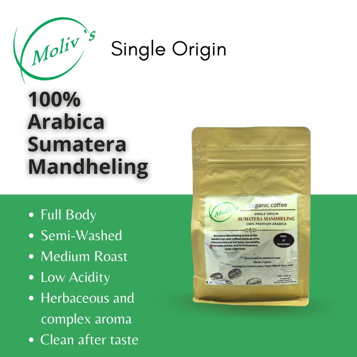 

Kopi Organik Moliv's - Sumatera Mandheling - 100% Arabica - 200 gr