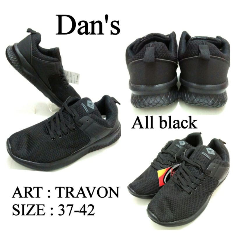 SEPATU SEKOLAH TALI UNISEX ALL BLACK TALI TERBARU DANS TRAVON SIZE 37-40