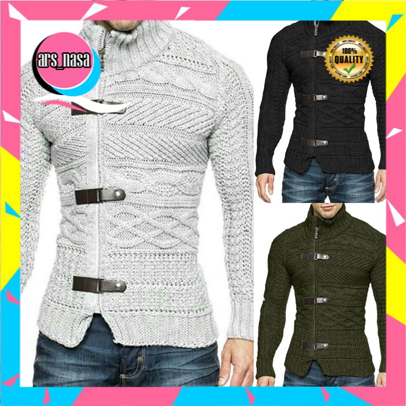 Sweater Pria Import 2021       Turtleneck Sweater Pria Kulit Cincin Lengan Panjang Rajutan Cardigan 