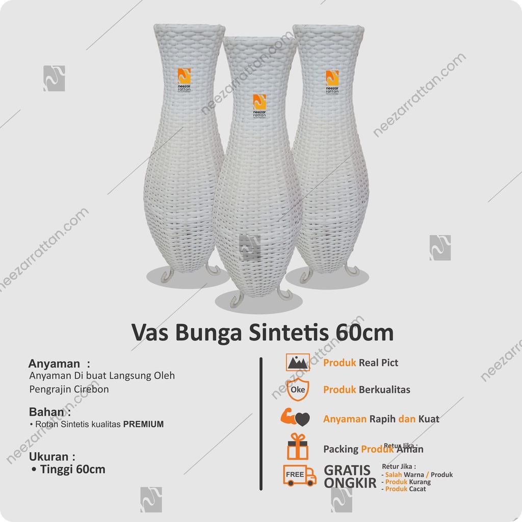 Vas Pot Guci Tempat Bunga dari rotan SINTETIS TINGGI 60 cm