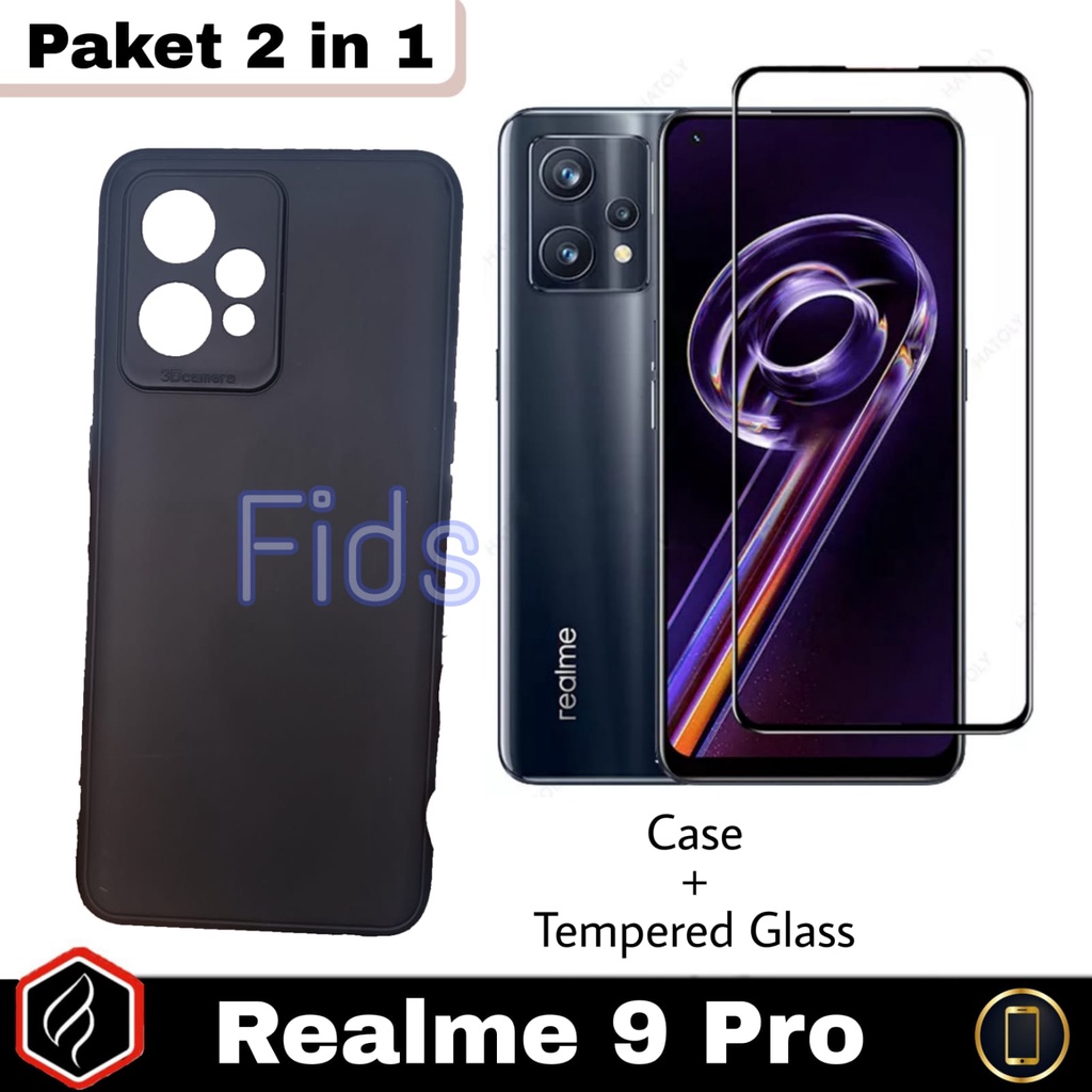 Paket 2 in 1 Case REALME 9 Pro Softcase Black Matte Free Anti Gores Layar Kaca | Casing Premium Slim Exellent Cover | Soft Matte | Soft Case Macaron