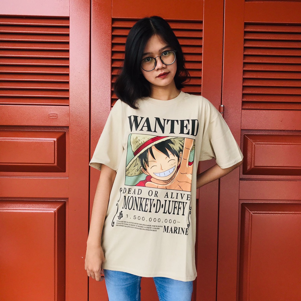 Tshirt Luffy Wanted Bounty Onepiece Warna Cream Cotton Premium