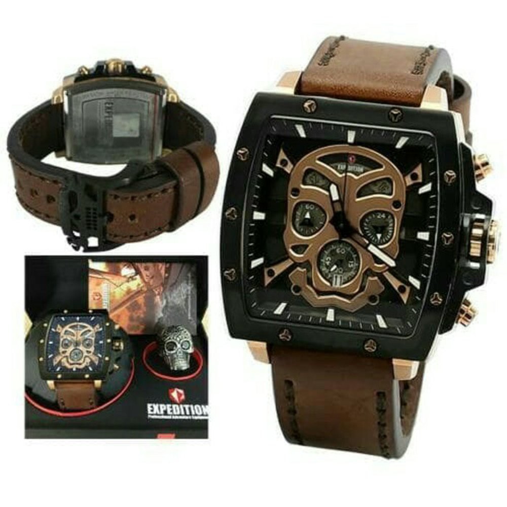 Jam Tangan Pria Original Expedition E 6688 M Black Rosegold Brown Leather