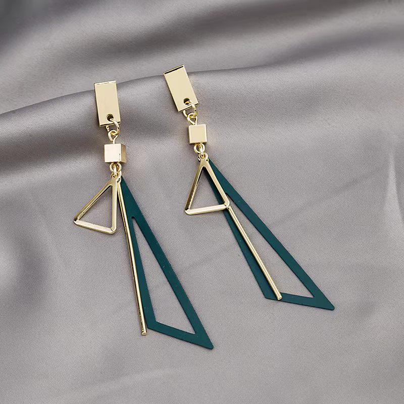 (Hello Girl)E34 Anting Fashion Wanita Segitiga Panjang Stud Earrings Import-E34 Segitiga Hijau