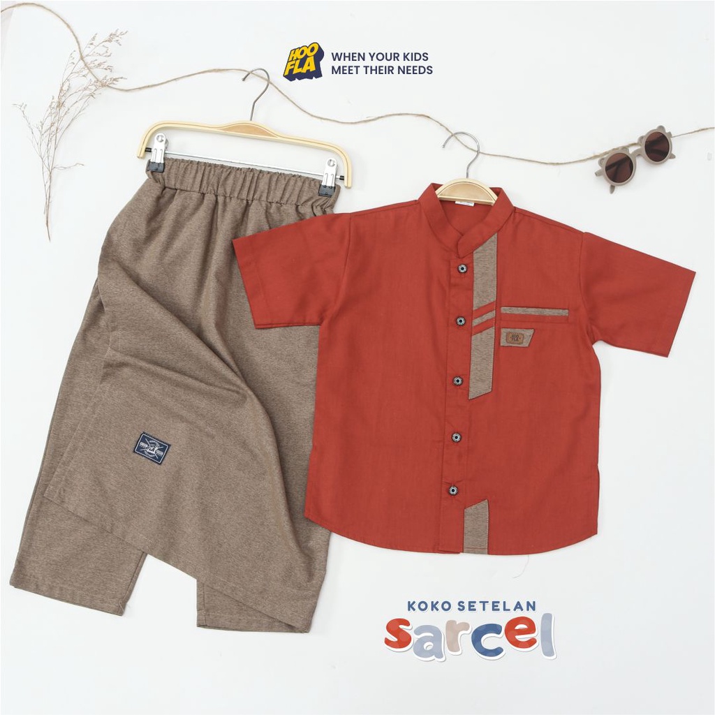 Hooflakids Set Setelan Baju Koko Anak Laki Laki Usia 1-10 Tahun Warna Terra Cotta (NKH09) Bawahan Celana Sarung Sarcel