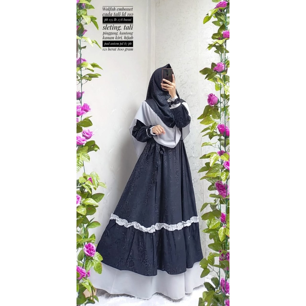 Gamis wolfis embos set jilbab syari free cadar niqob purdah terbaru muslimah fashion modis kalea