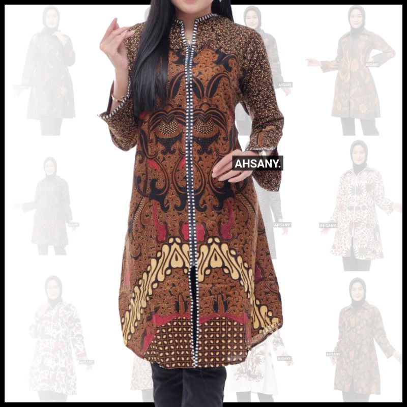 Atasan Tunik Batik Wanita Motif Warna Coklat Resleting Depan HRB1128