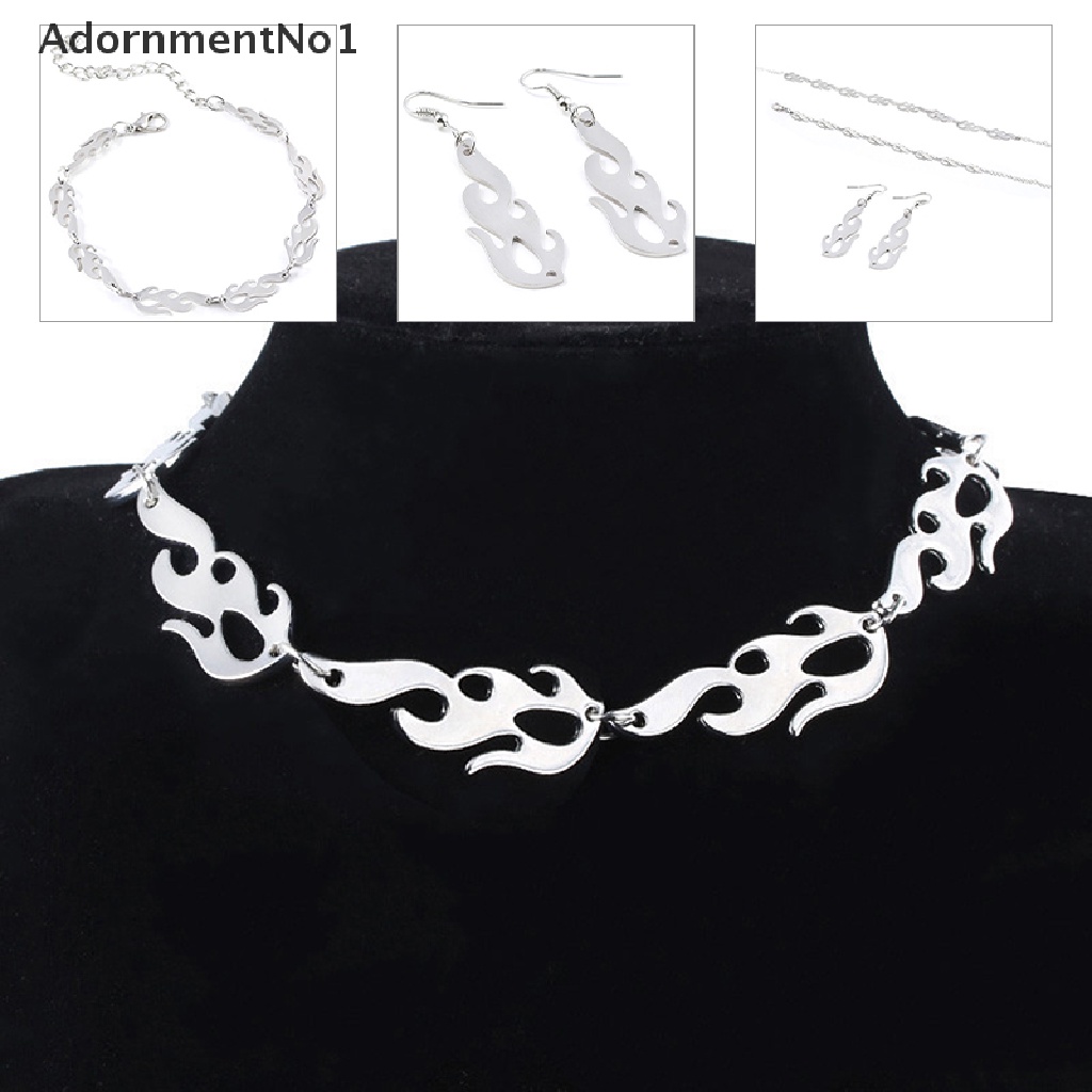 (AdornmentNo1) Kalung Choker + Gelang Tangan Rantai Metal Gaya Punk Hip Hop Motif Api Untuk Perhiasan Wanita