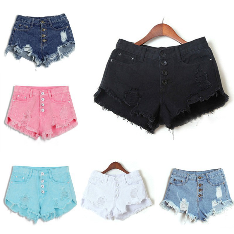 Celana Pendek Mini Model High Waist Desain Lubang Sobek Celana Pendek Mini Model High Waist Desain Lubang Sobek