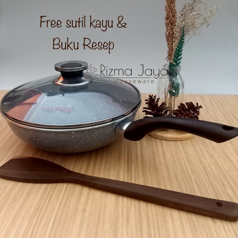 DELFIRO Wok / Wajan Pan Tutup Kaca 22 & 24CM Wajan Marble Anti Lengket