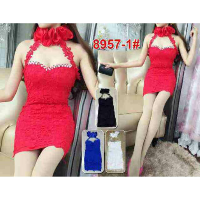 Dress brocade brukat impor 8957 dress bunga  asli 8957-1 dress pesta sexy katun strit brukat