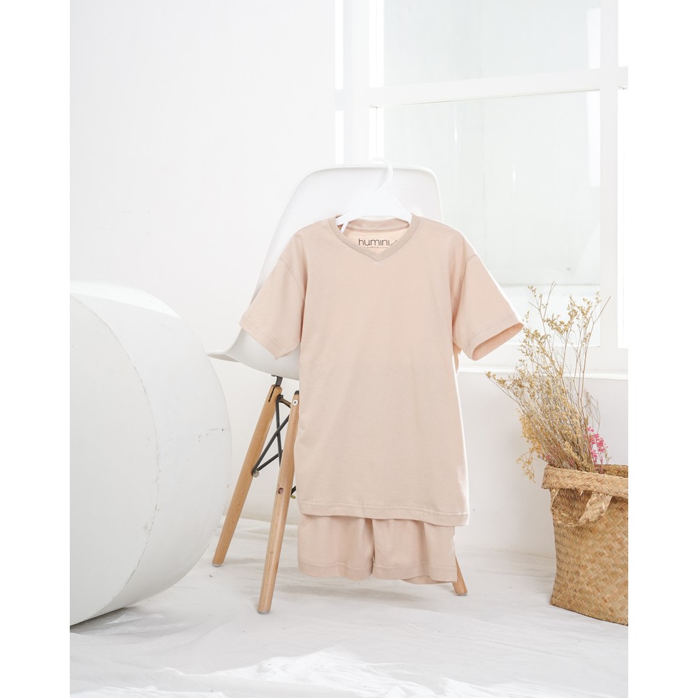 Kaos Anak V-Neck Polos Atasan Bawahan Set 100% Premium Cotton Super Soft - Khaki