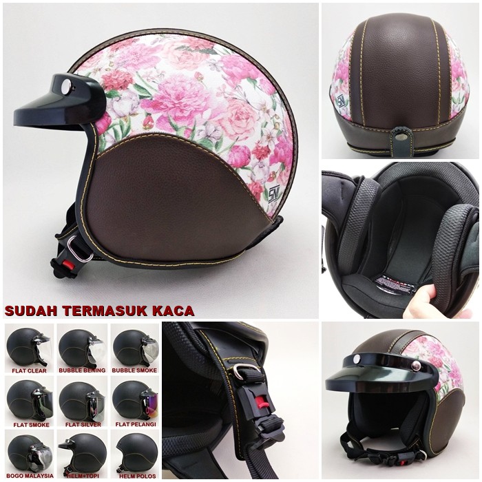 HELM BOGO WANITA Motif Bunga 1 STCG Retro Kulit Helm cewek Premium BERGARANSI Helm bogo Dewasa