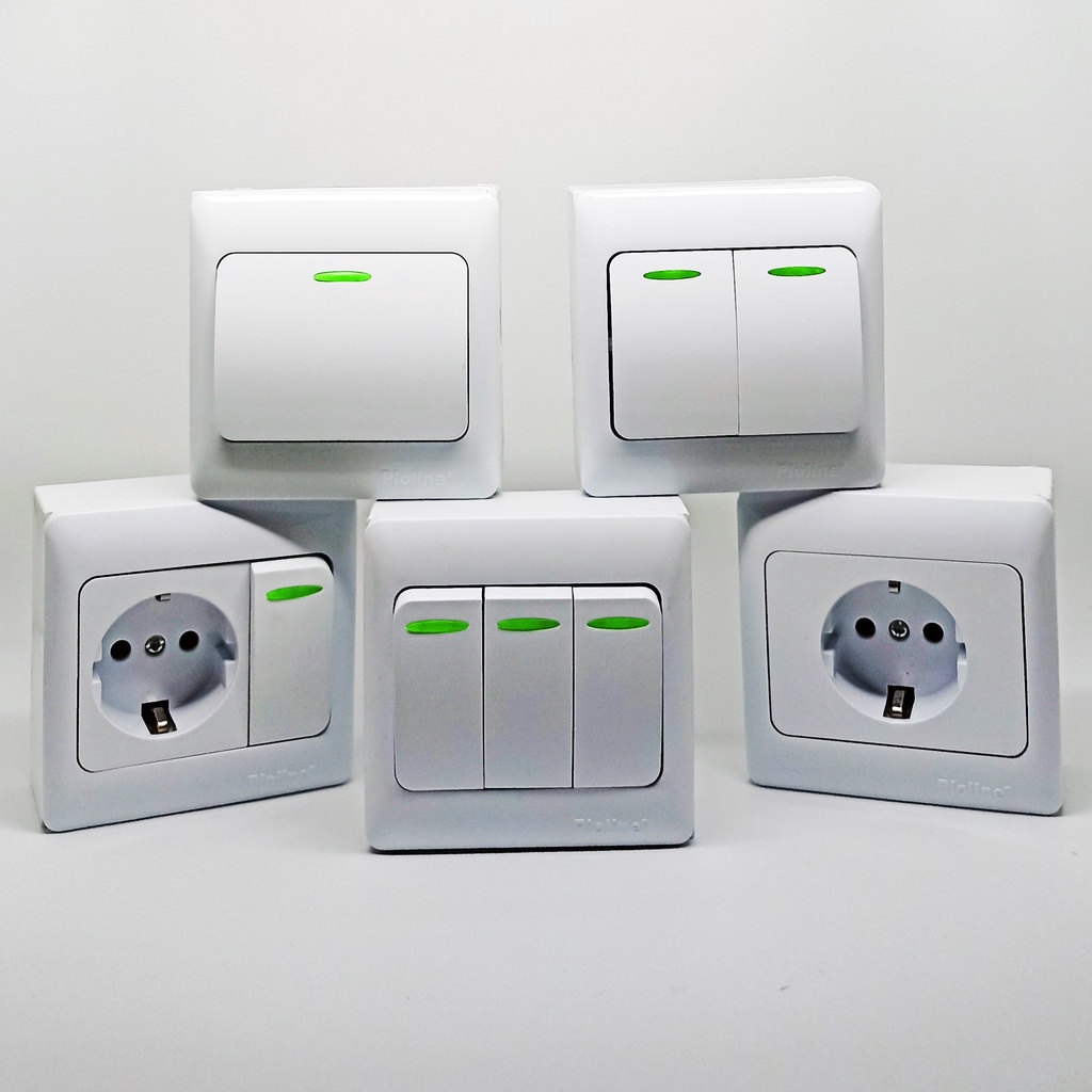 saklar pioline dengan indikator radium ib/ob inbow/outbow tanam/tempel dengan inbow dus kotak putih